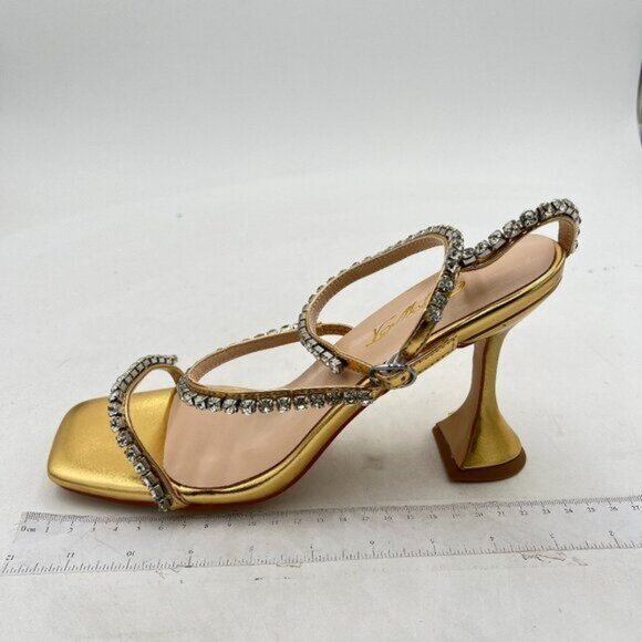 FOWT Fashion Leather Classic Square Toe Crystal Ankle Strap Flared High Heels El - Picture 2 of 8